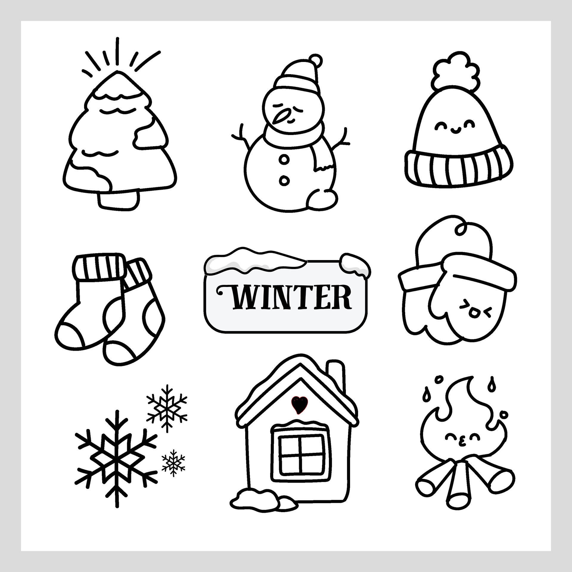 Hand drawn outline winter clothes and essentials illustration of