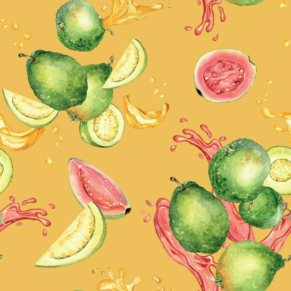 Whole guavas and juice splash watercolor seamless pattern isolated on orange background. Tropical fruit, red spot, drop guajava hand drawn. Design for wrapping, packaging, textile, wallpaper, fabric vector