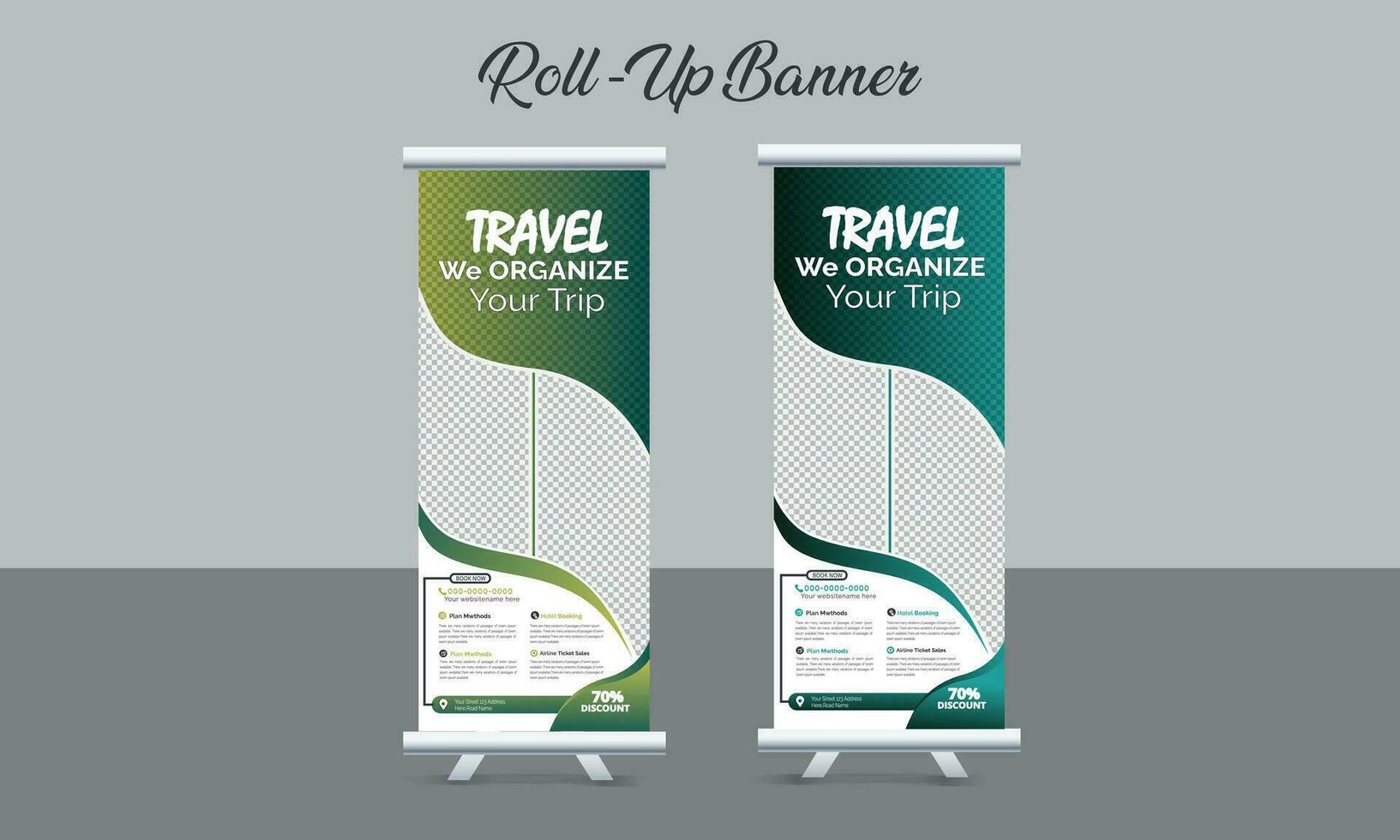 Travel vacation roll-up banner design or pull up banner template for travel agency, marketing, display, x-banner, flag-banner, infographics, and presentation. roll up banner Vector