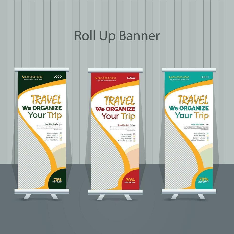 Travel vacation roll-up banner design or pull up banner template for travel agency, marketing, display, x-banner, flag-banner, infographics, and presentation. roll up banner Vector