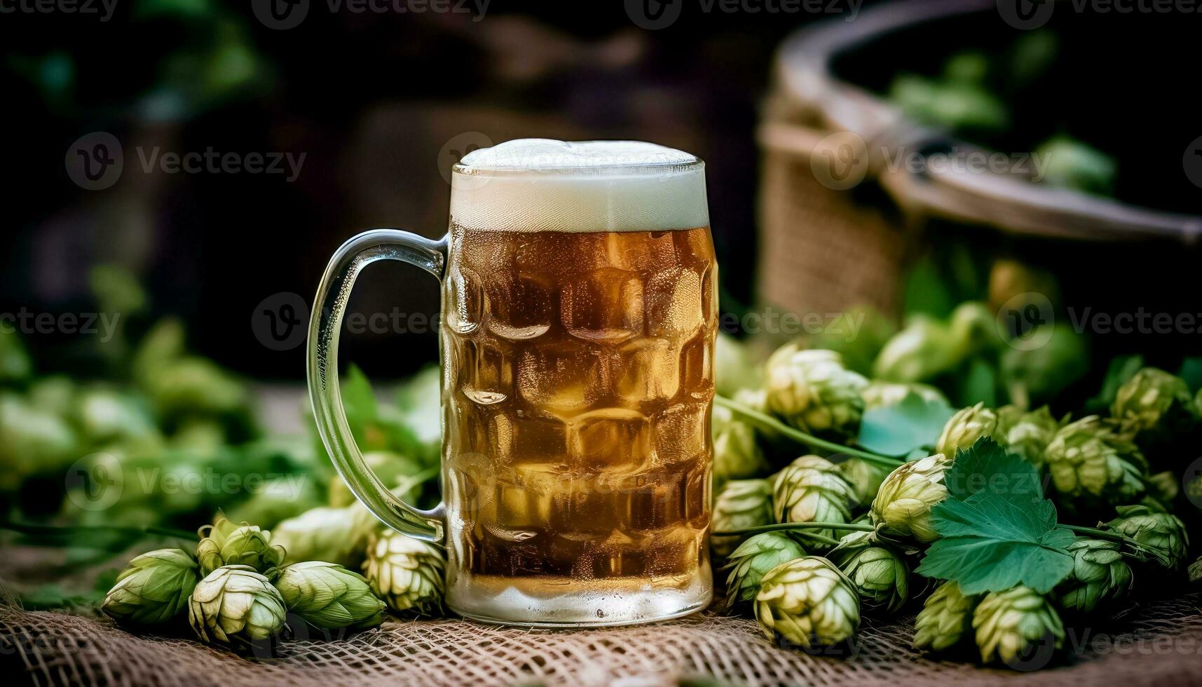 Aromatic Hop Buds in Fresh Beer Foam - Generative AI photo