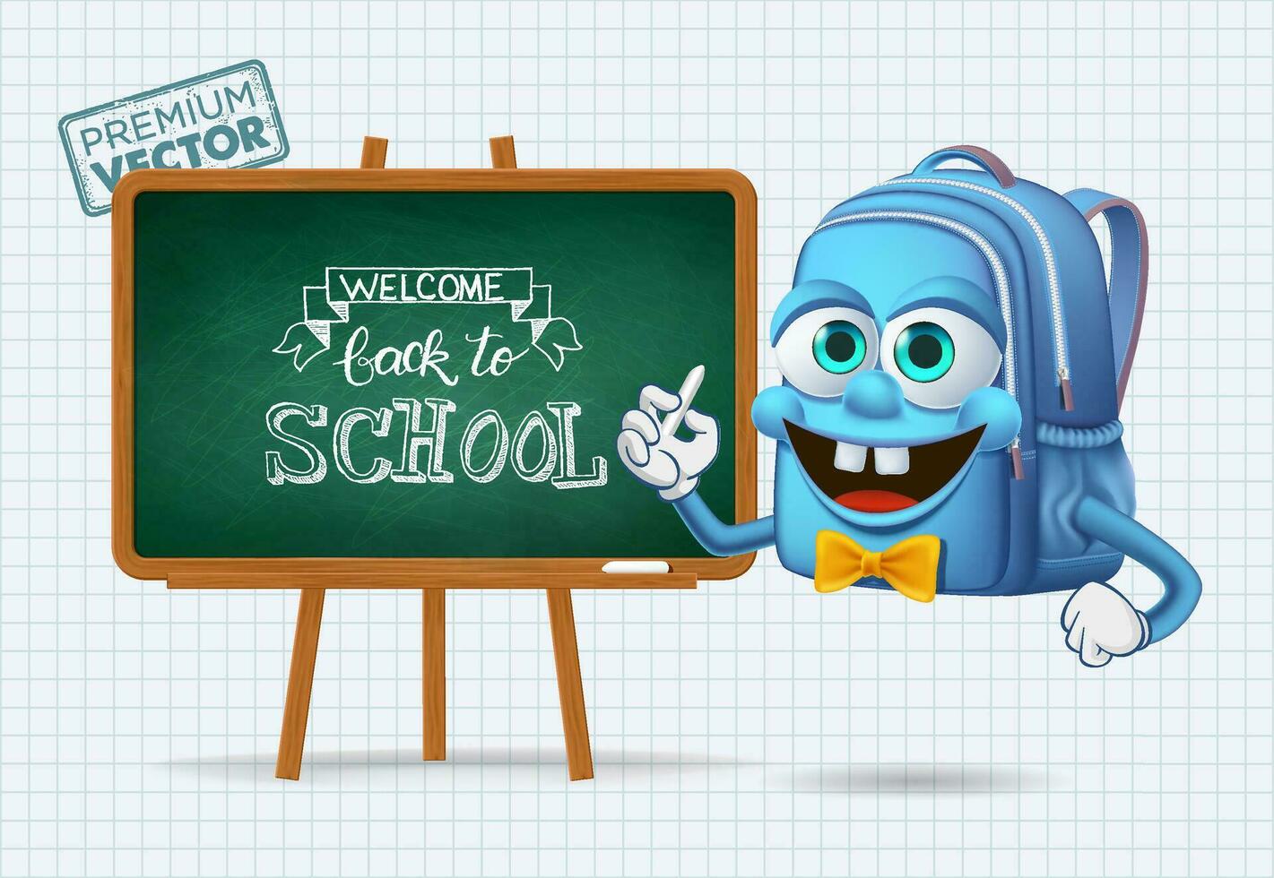 Back to school vector cute school bag cartoon writing on school blackboard