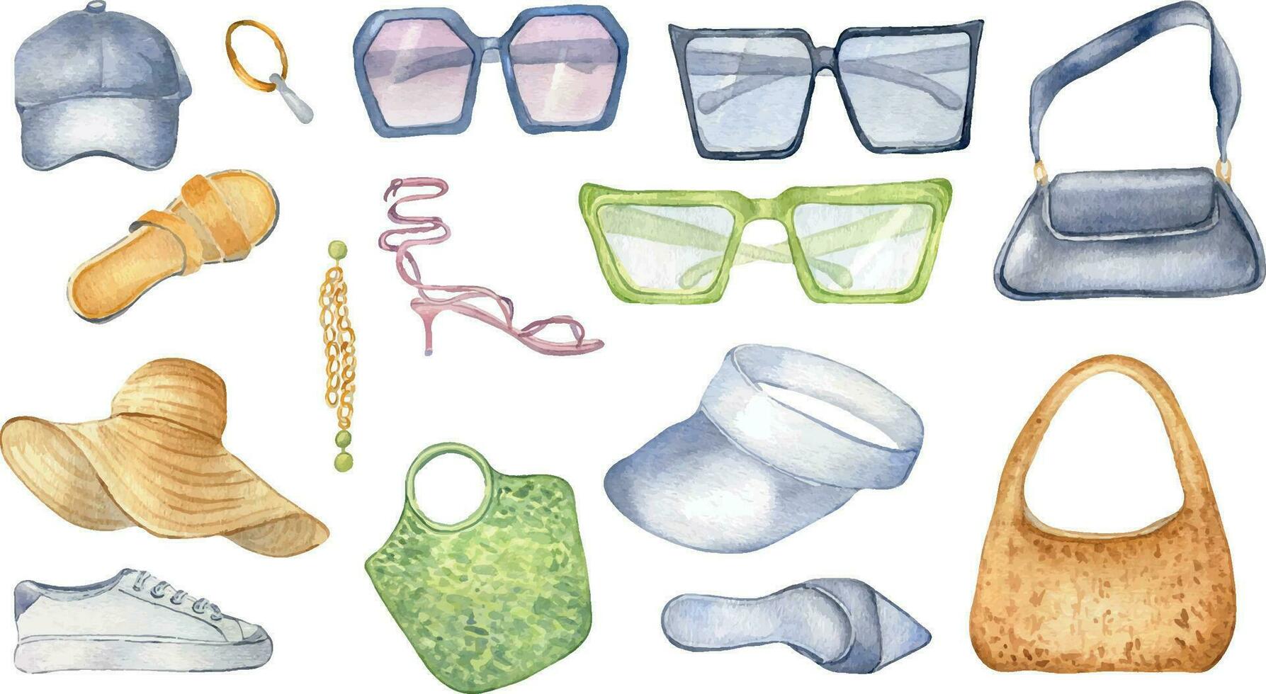 Set of female items, accessories watercolor illustration isolated on white. Collection of shoes, glasses, bags watercolor hand drawn. Design for shop, sale, textile, packaging, showcase, summer print vector