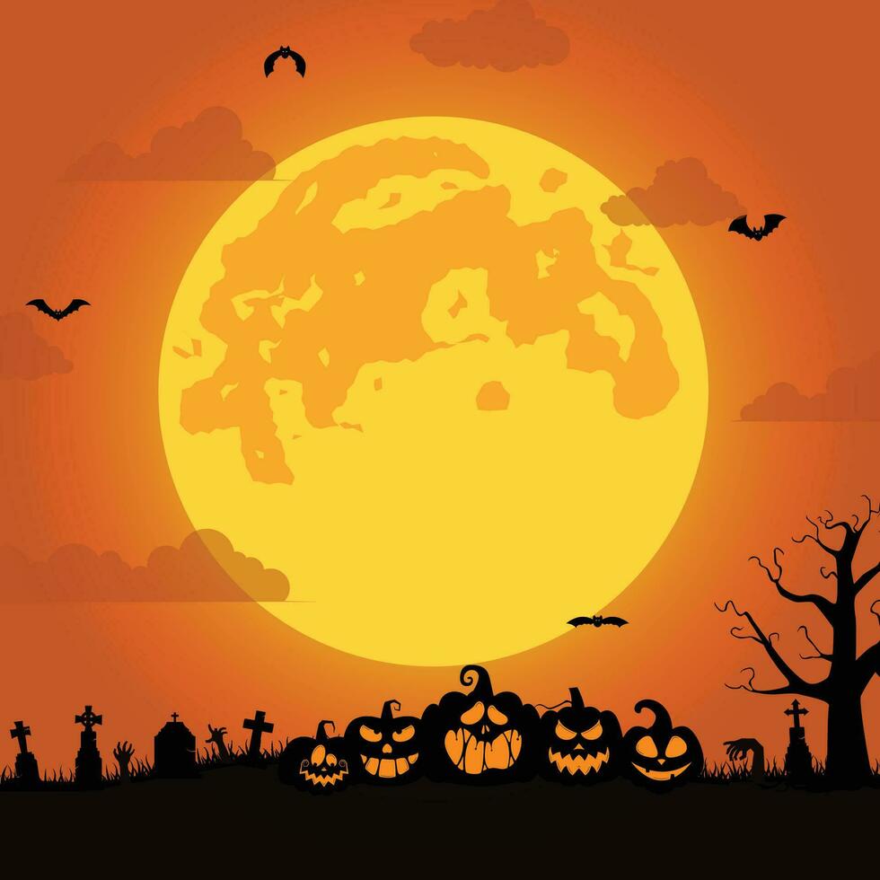 halloween background with pumpkins, spooky tree, vintage haunted house, and bats flying over cemetery vector