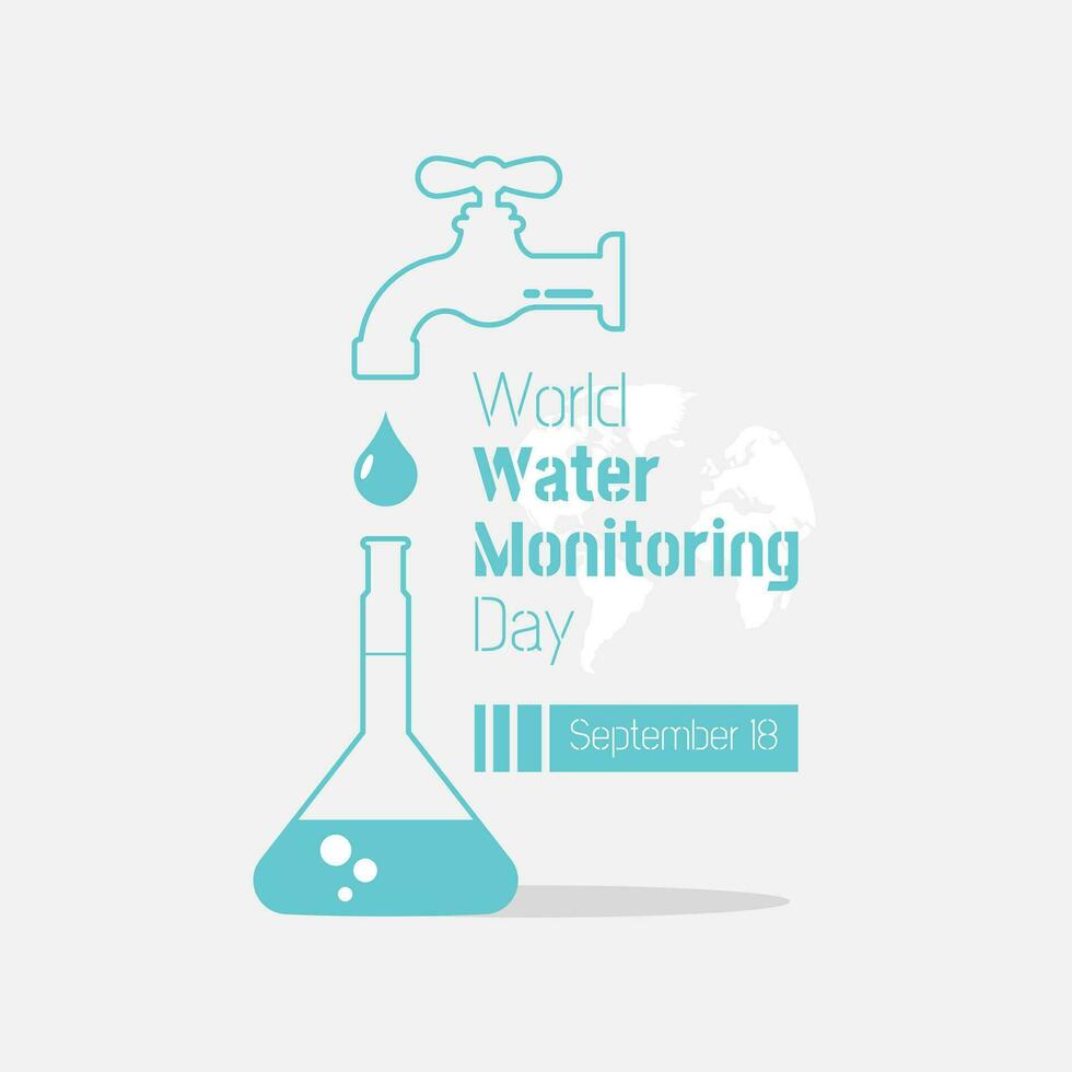World Water Monitoring Day Greeting with water dripping from the tap into the measuring flask vector