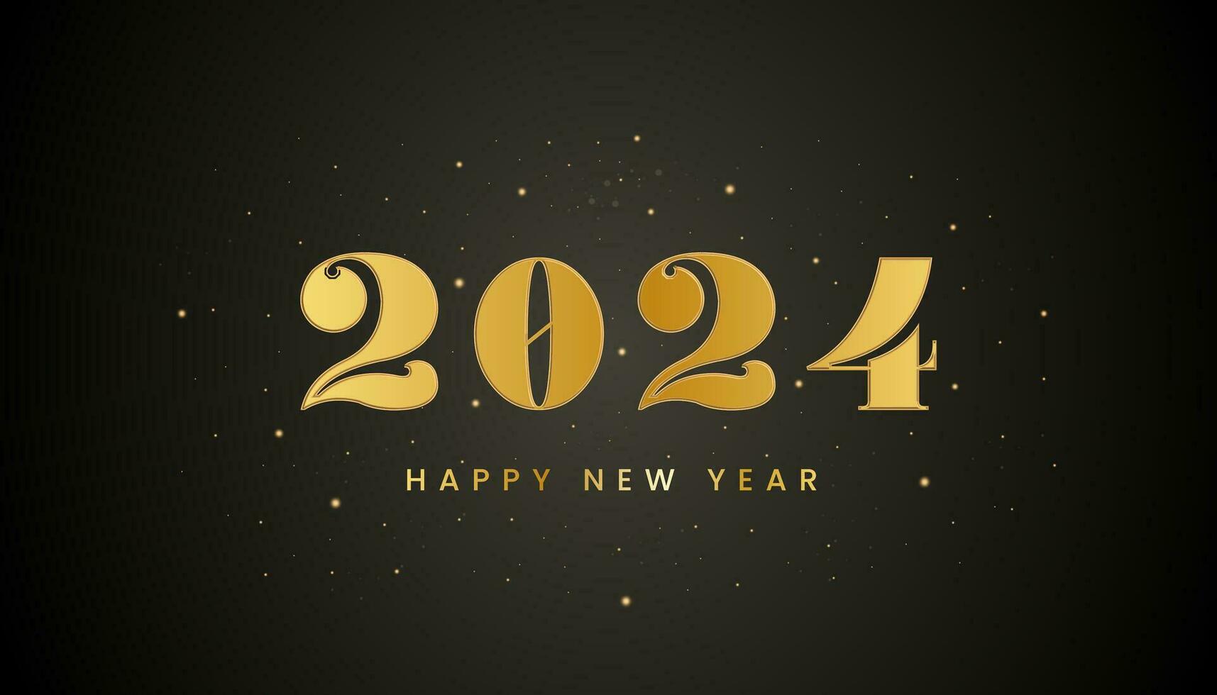 2024 Happy new year banner with Golden metallic numbers date 2024 and flickering fireworks. Dark luxury background. Vector illustration