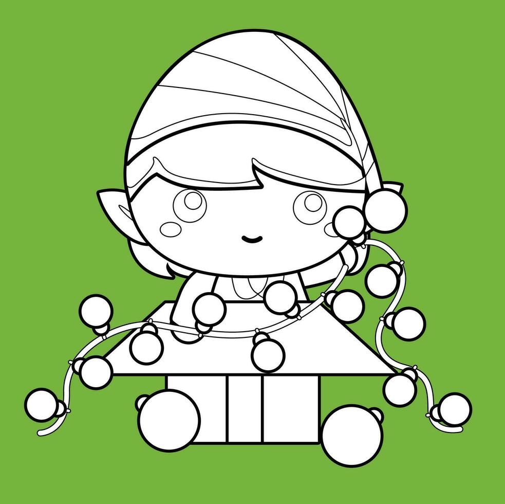 Cute Little Christmas Elf Kids Character Cartoon Digital Stamp Outline vector