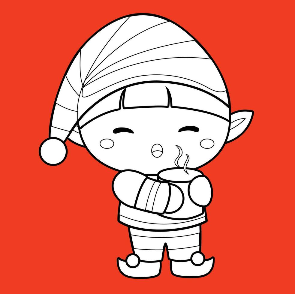 Cute Little Christmas Elf Kids Character Cartoon Digital Stamp Outline vector