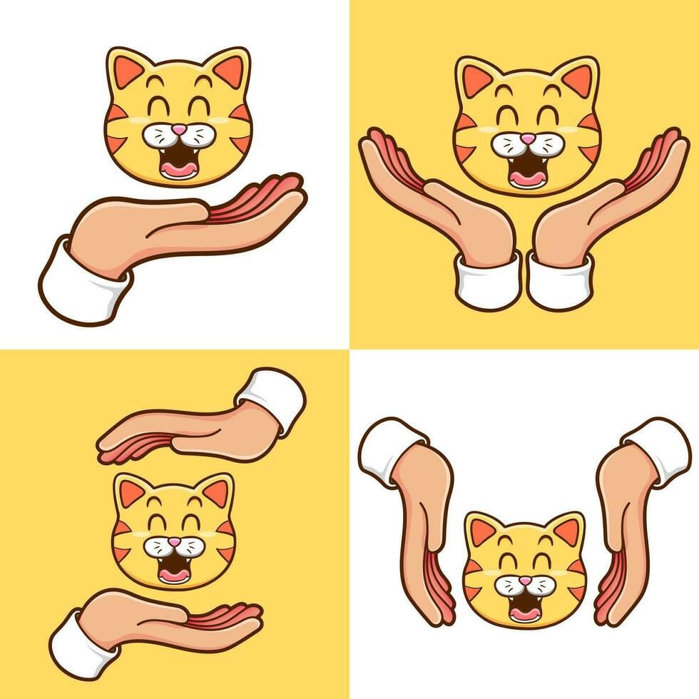 manos con contento gato cabeza conjunto vector