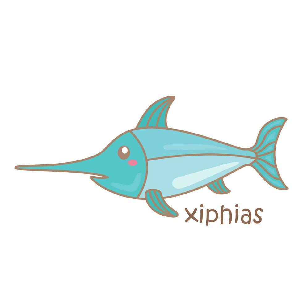 alfabeto X para xiphias vocabulario colegio lección leyendo dibujos animados ilustración vector clipart pegatina