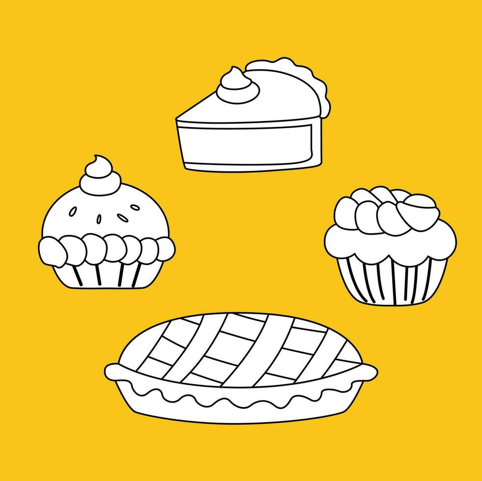 Delicious Baked Pie and Cake Food Dessert Cartoon Digital Stamp Outline vector