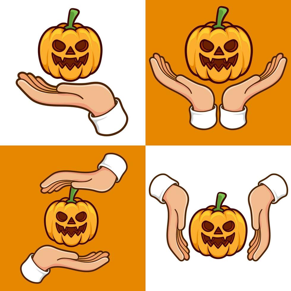 hands with pumpkin vegetables halloween element set vector