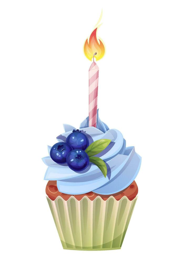 Cupcake with a candle on a white background. Happy birthday illustration. Muffin with cream and blueberries. vector