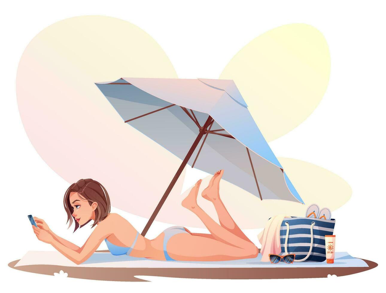 Girl is sunbathing on the beach under a beach umbrella. Summer sunny illustration, resting woman in a swimsuit. Summer time, rest, relaxation. Cartoon style. vector