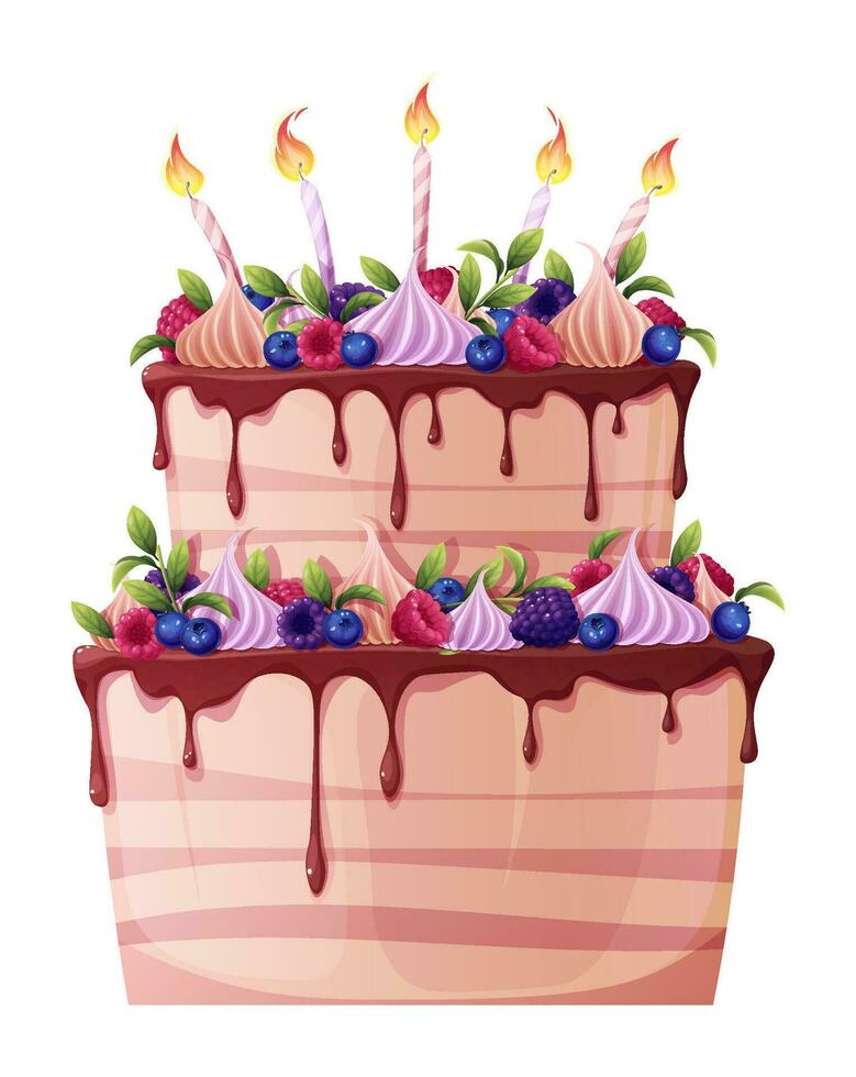 Birthday cake with candles on an isolated white background. Beautiful biscuit with berries and meringues. Bright festive birthday cake illustration vector