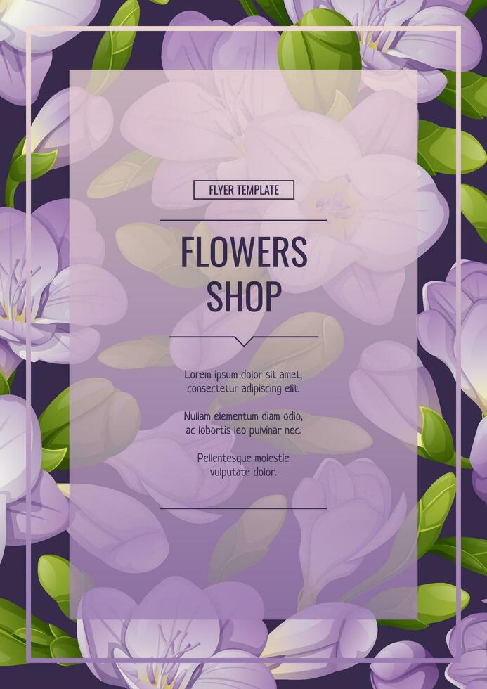 Flyer with freesia flowers. Beautiful backgroundwith purple flowers and buds. Spring card, banner, wedding invitation vector