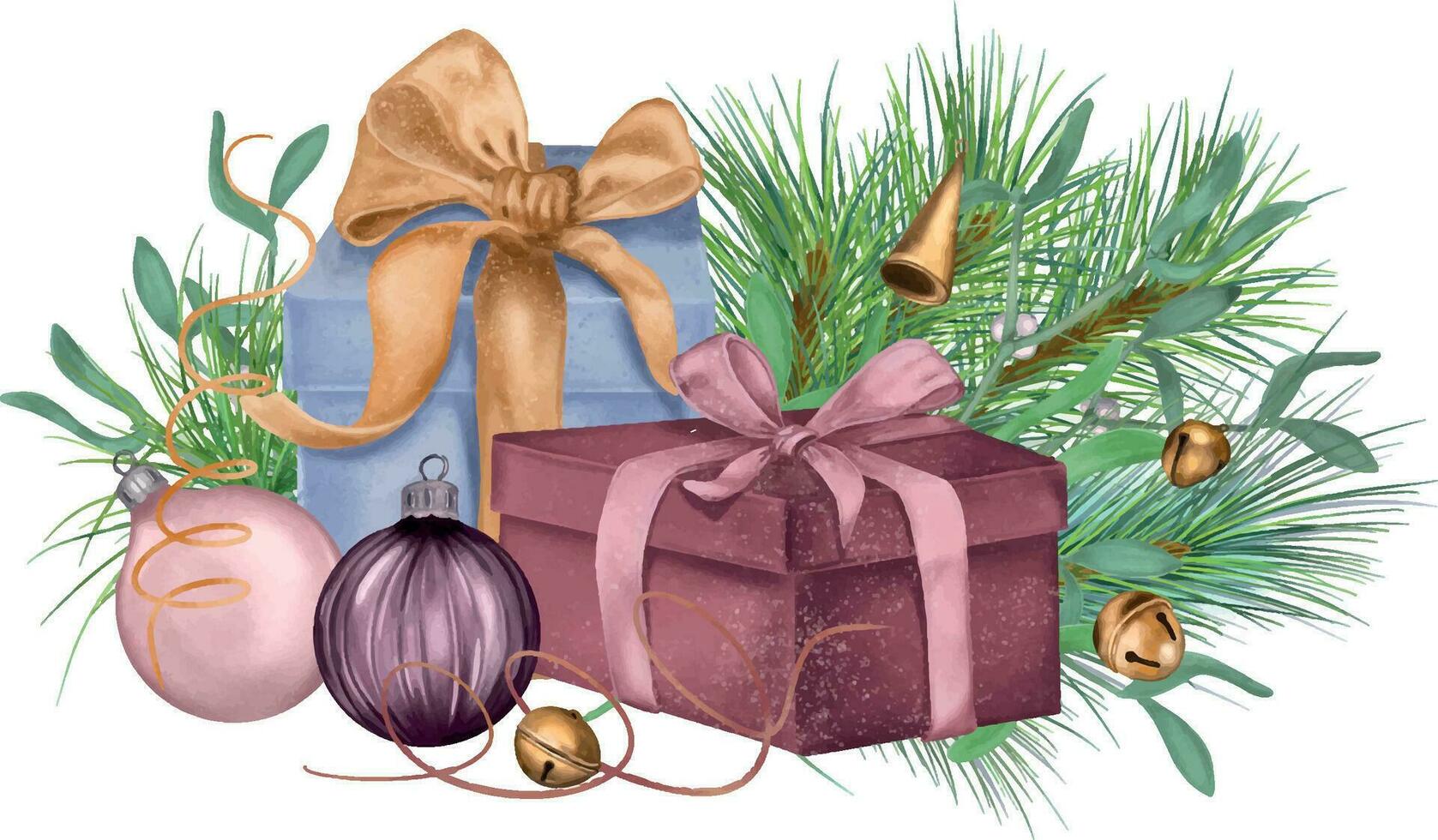 composición de regalo cajas, Navidad decoraciones digital ilustración acuarela estilo aislado en blanco. pino, muérdago, vaso pelota mano dibujado. elemento para día festivo, 2024 nuevo año saludo diseño vector