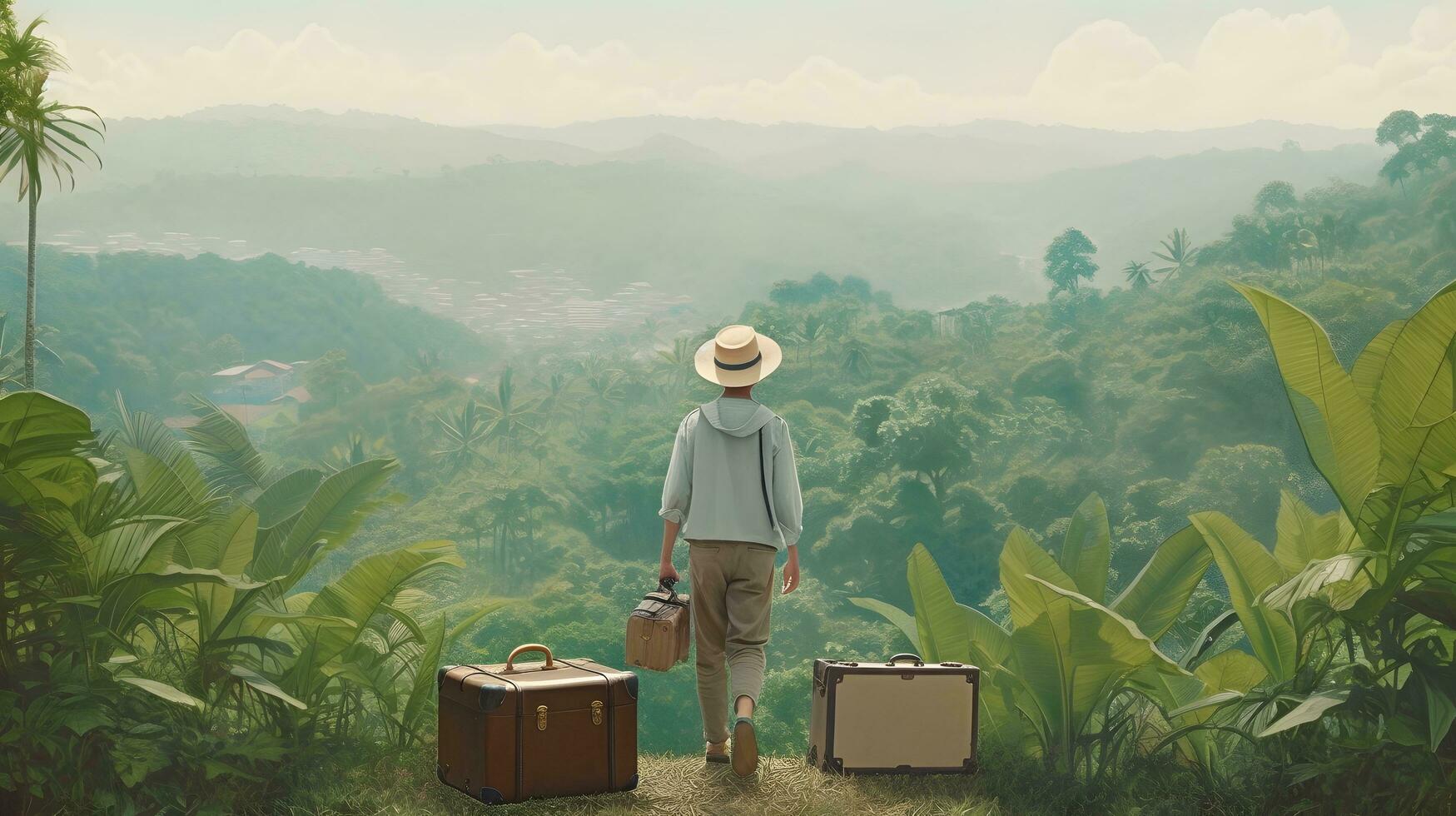 a man with a hat and suitcases walking through the jungle photo