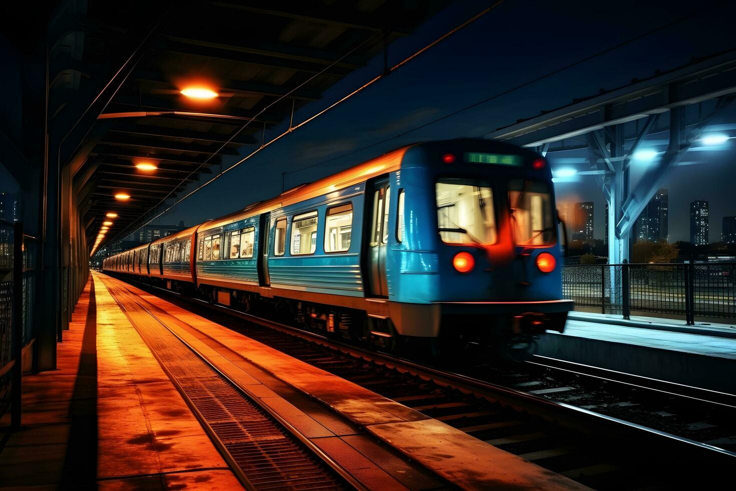 Railway station at night. Train platform in fog. Railroad photo