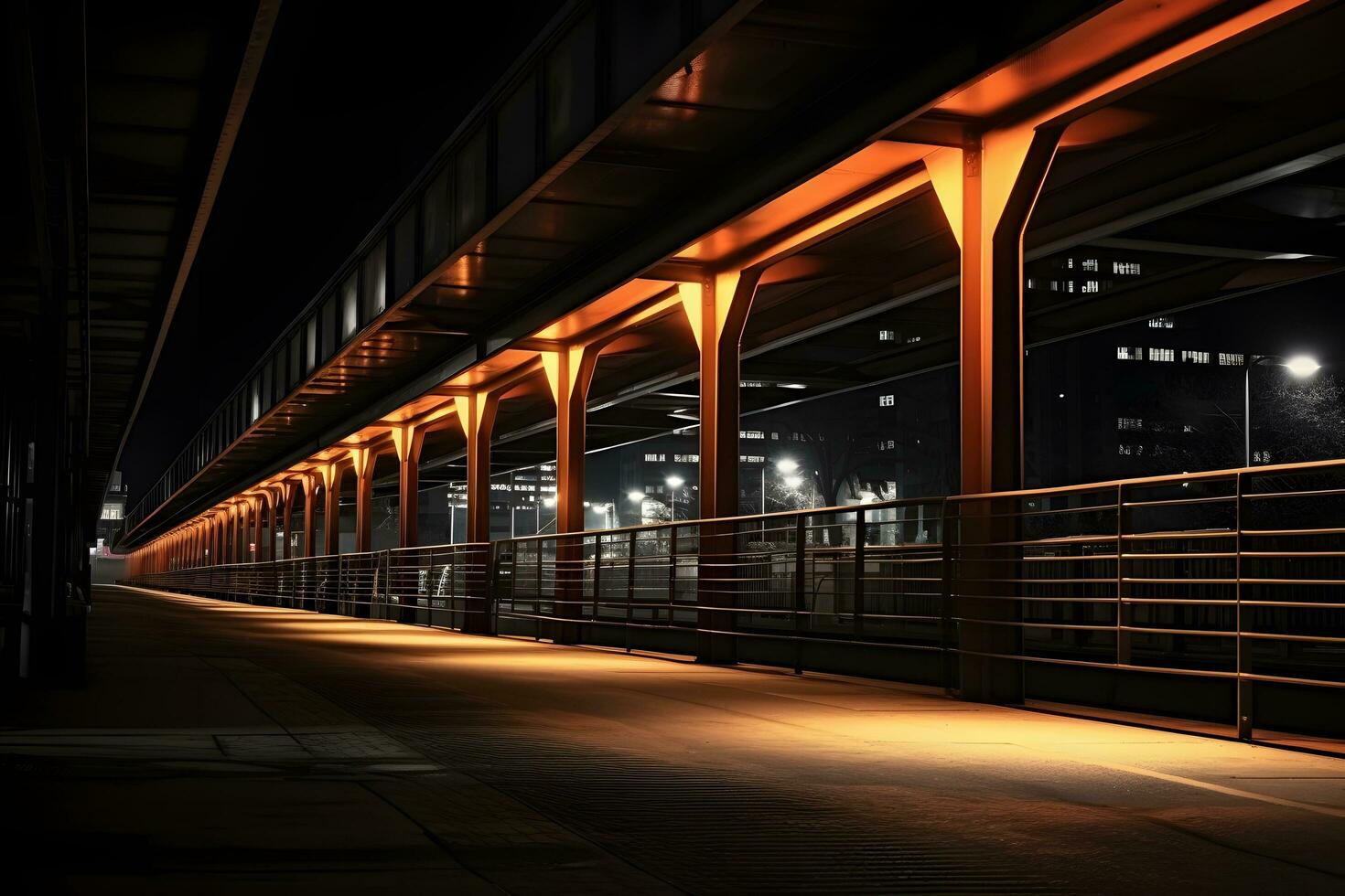 Railway station at night. Train platform in fog. Railroad photo