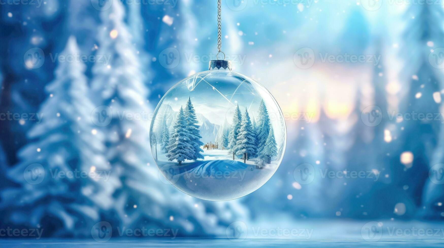 Holiday Decor with Glass Christmas Ball and Snowy Trees - Generative AI photo