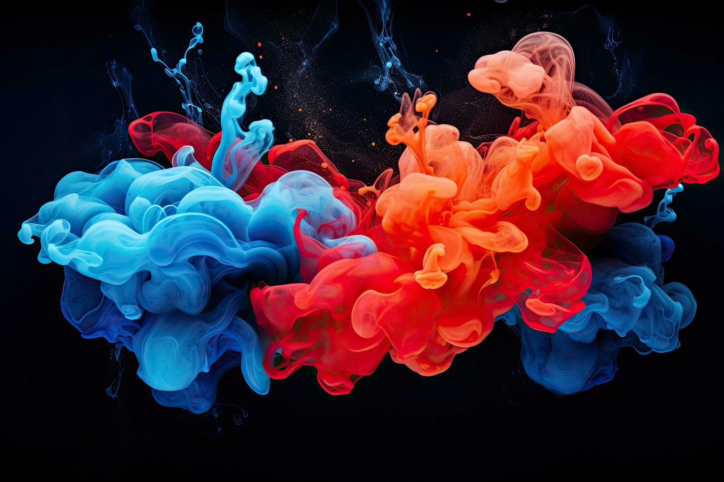 Colorful ink in water. Ink in water. Abstract background. Acrylic blue and red colors in water. Ink blot. Abstract black background, AI Generated photo