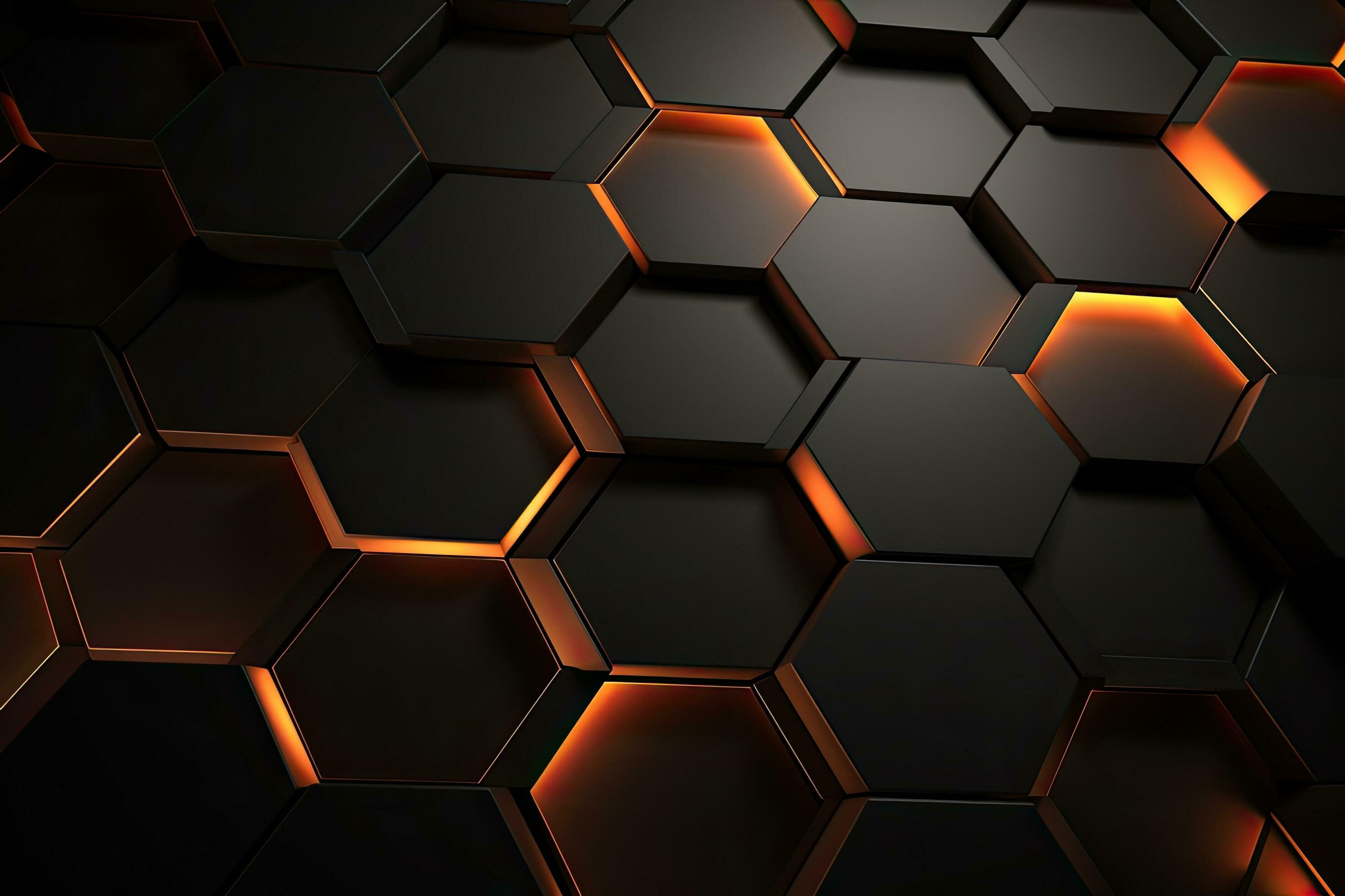 Abstract 3d rendering of hexagon background. Dark and orange hexagons