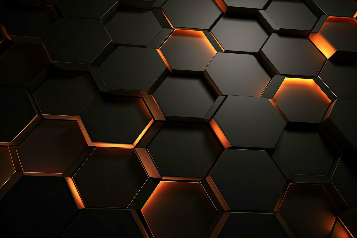 resumen 3d representación de hexágono antecedentes. oscuro y naranja hexágonos. resumen hexagonal geométrico ultra amplio antecedentes. estructura de un montón de hexágonos de carbón fibra , ai generado foto