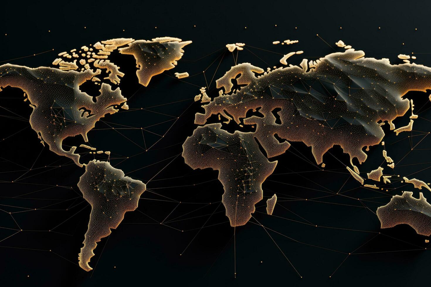 global red conexión. 3d representación con dorado líneas en negro fondo, resumen mezcla línea y punto escamas en negro antecedentes con mapa mundo, ai generado foto