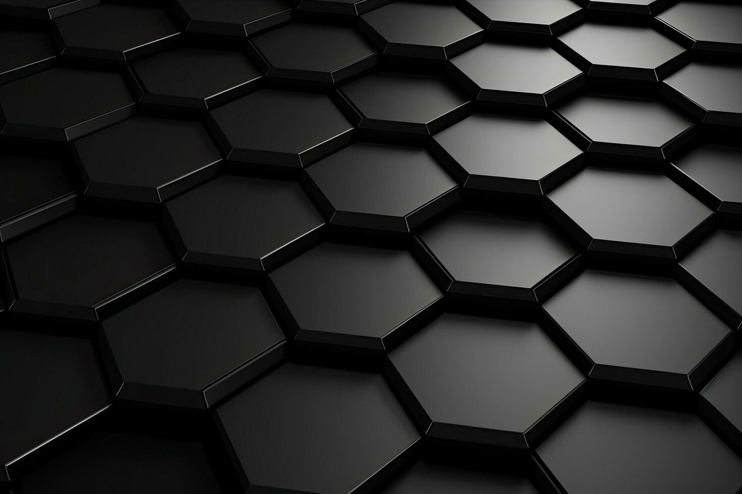 Abstract black hexagon background. 3d render illustration with selective focus, Abstract hexagonal geometric ultra wide background. Structure of lots of hexagons of carbon fiber , AI Generated photo