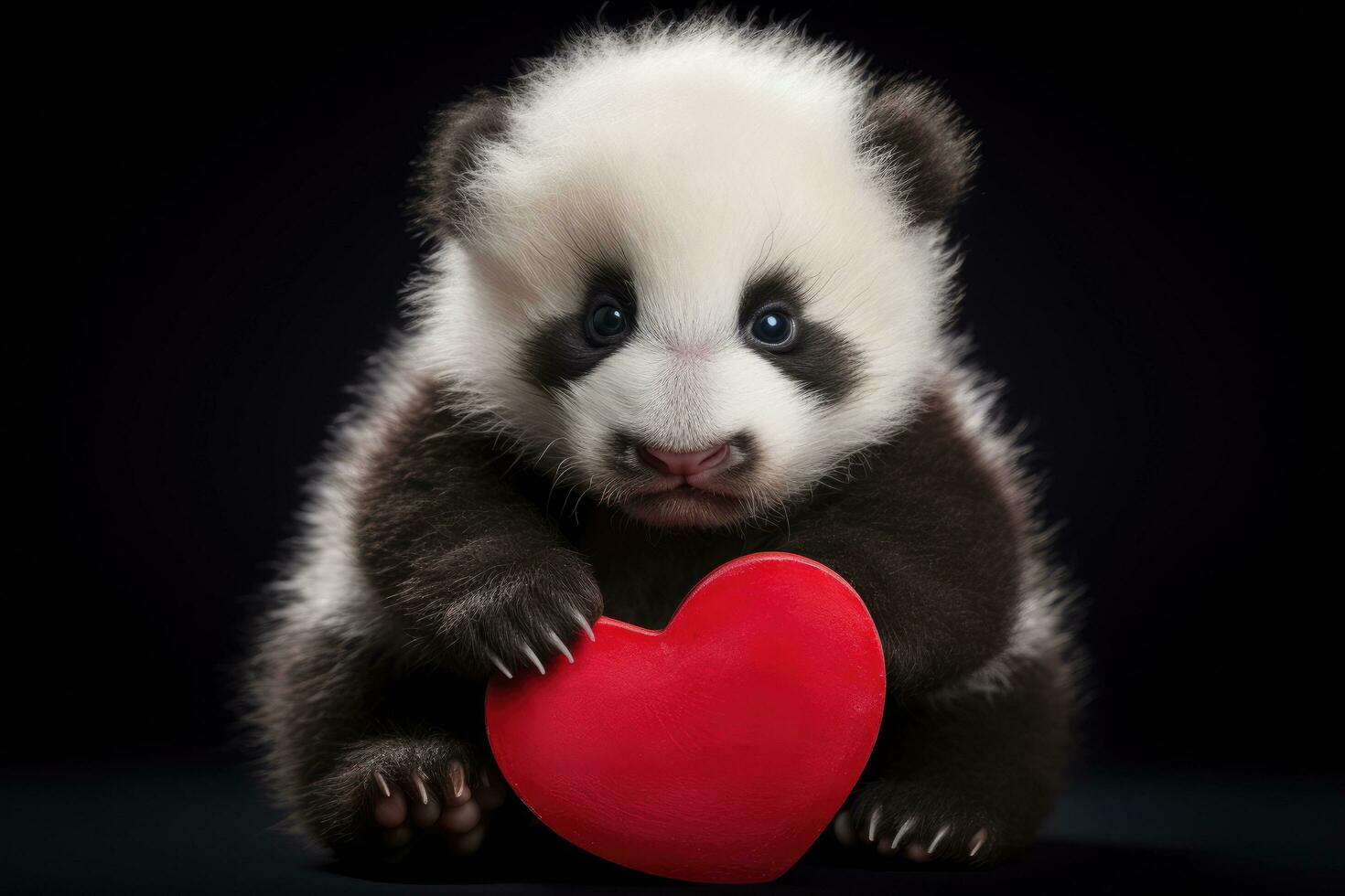 Studio portrait of adorable little panda bear with red heart on black background, Adorable newborn panda holding red heart Valentine's day, HDR, AI Generated photo