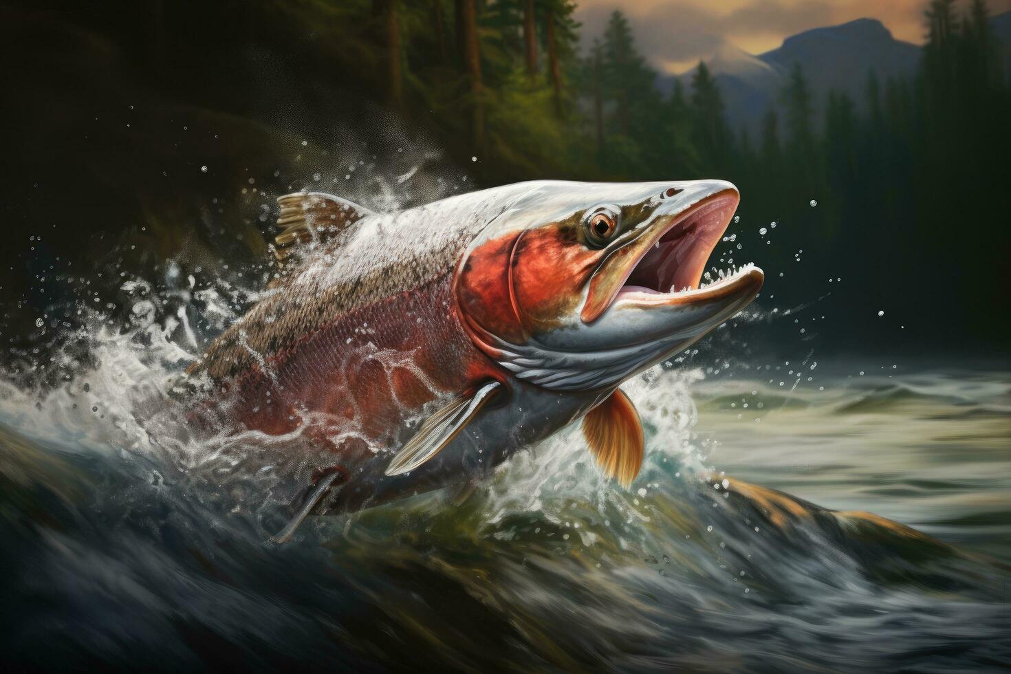 3d illustration of a big salmon fish jumping out of the water, Action shot of a salmon jumping out of the water in a clear stream, AI Generated photo