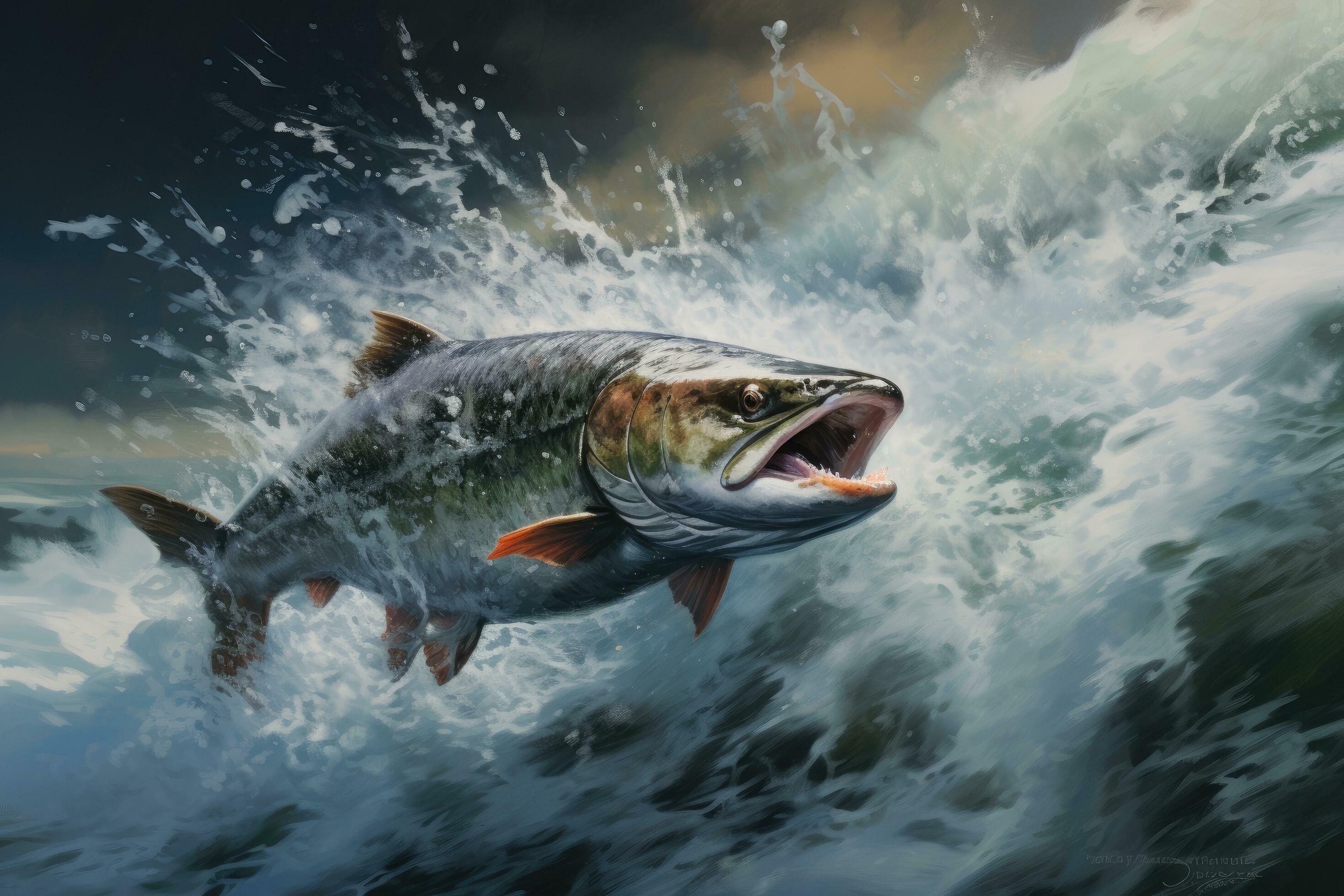 Rainbow trout jumping out of the water. 3d illustration. Action shot of