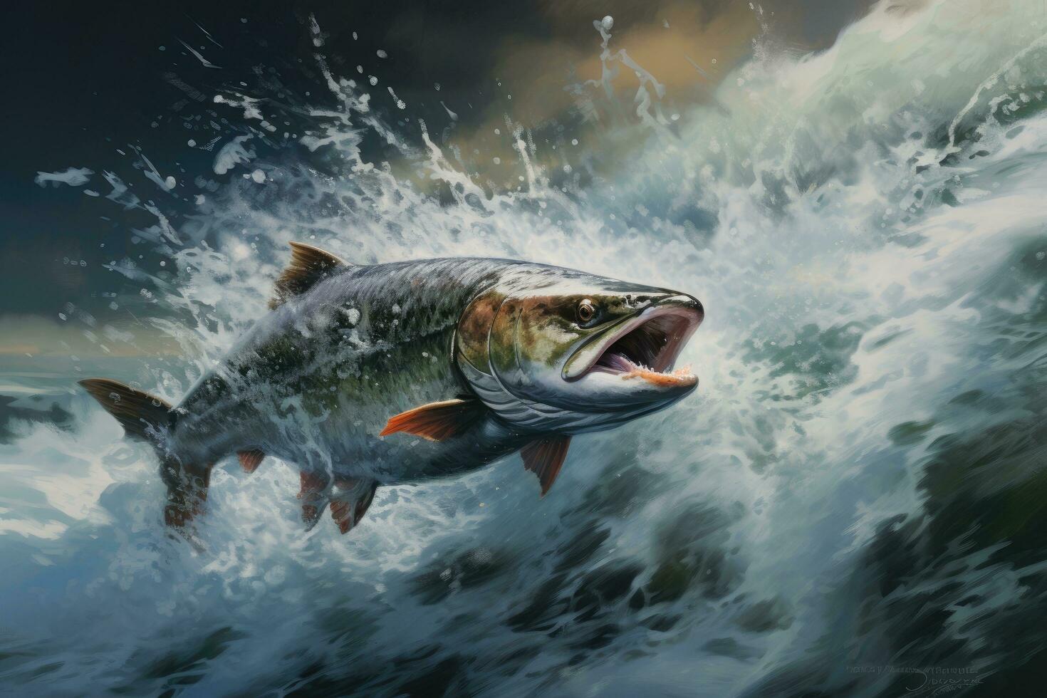 Rainbow trout jumping out of the water. 3d illustration. Action shot of a salmon jumping out of the water in a clear stream, AI Generated photo