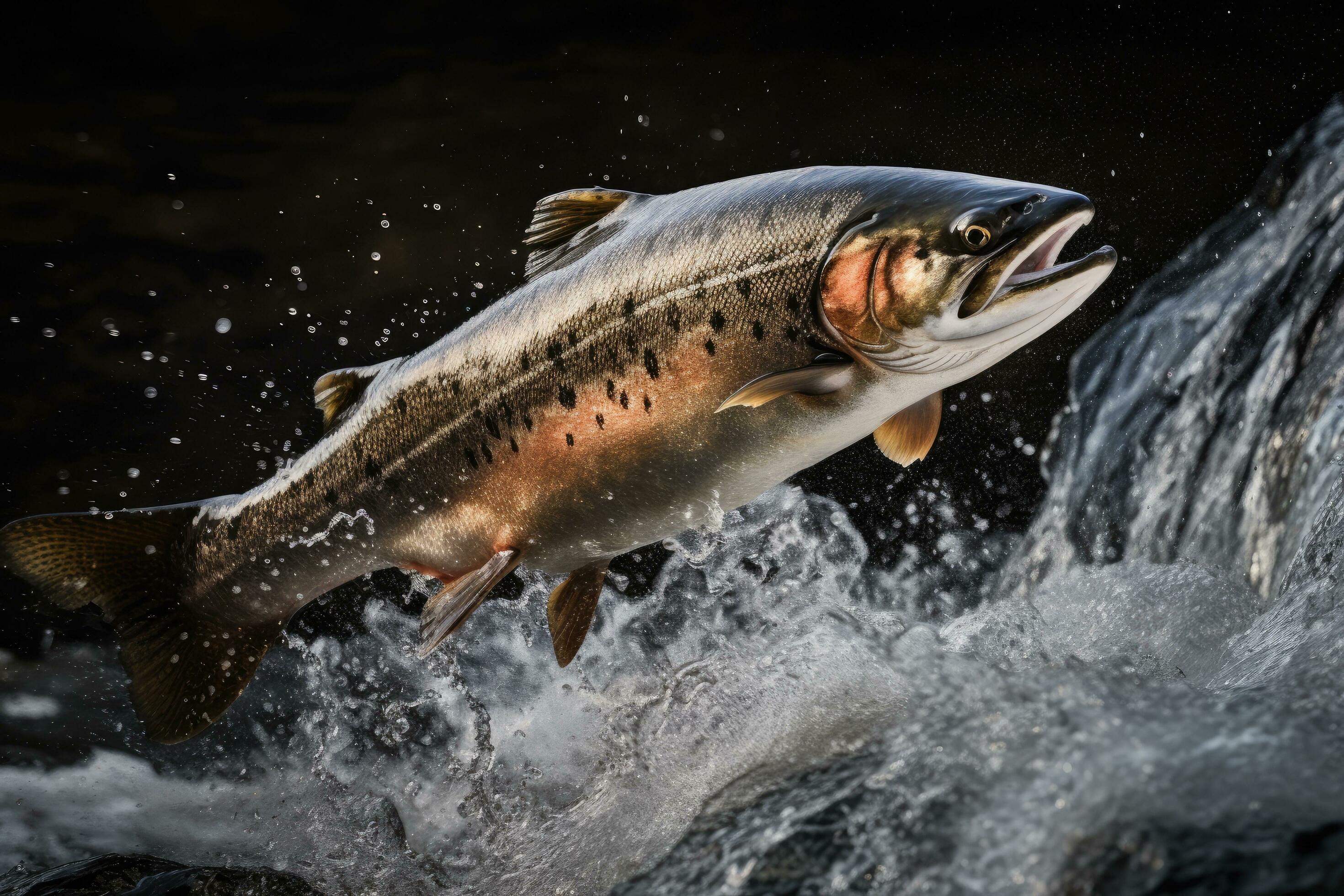 rainbow trout jumping out of the water with splashes of water, Action shot  of a salmon jumping out of the water in a clear stream, AI Generated  27937598 Stock Photo at Vecteezy