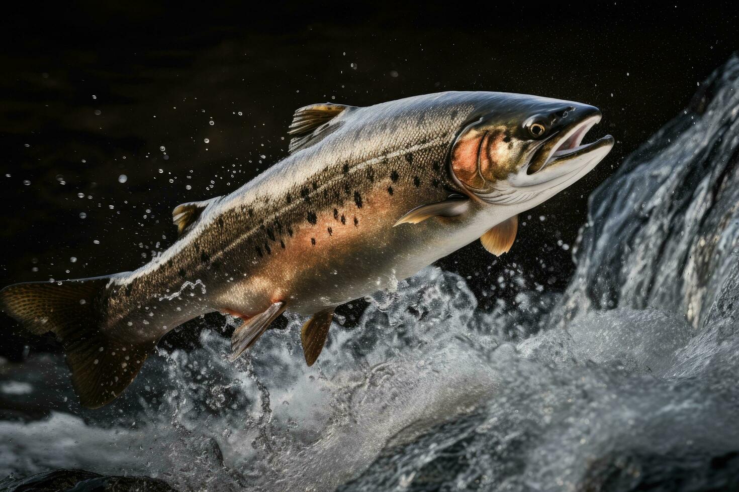 rainbow trout jumping out of the water with splashes of water, Action shot of a salmon jumping out of the water in a clear stream, AI Generated photo