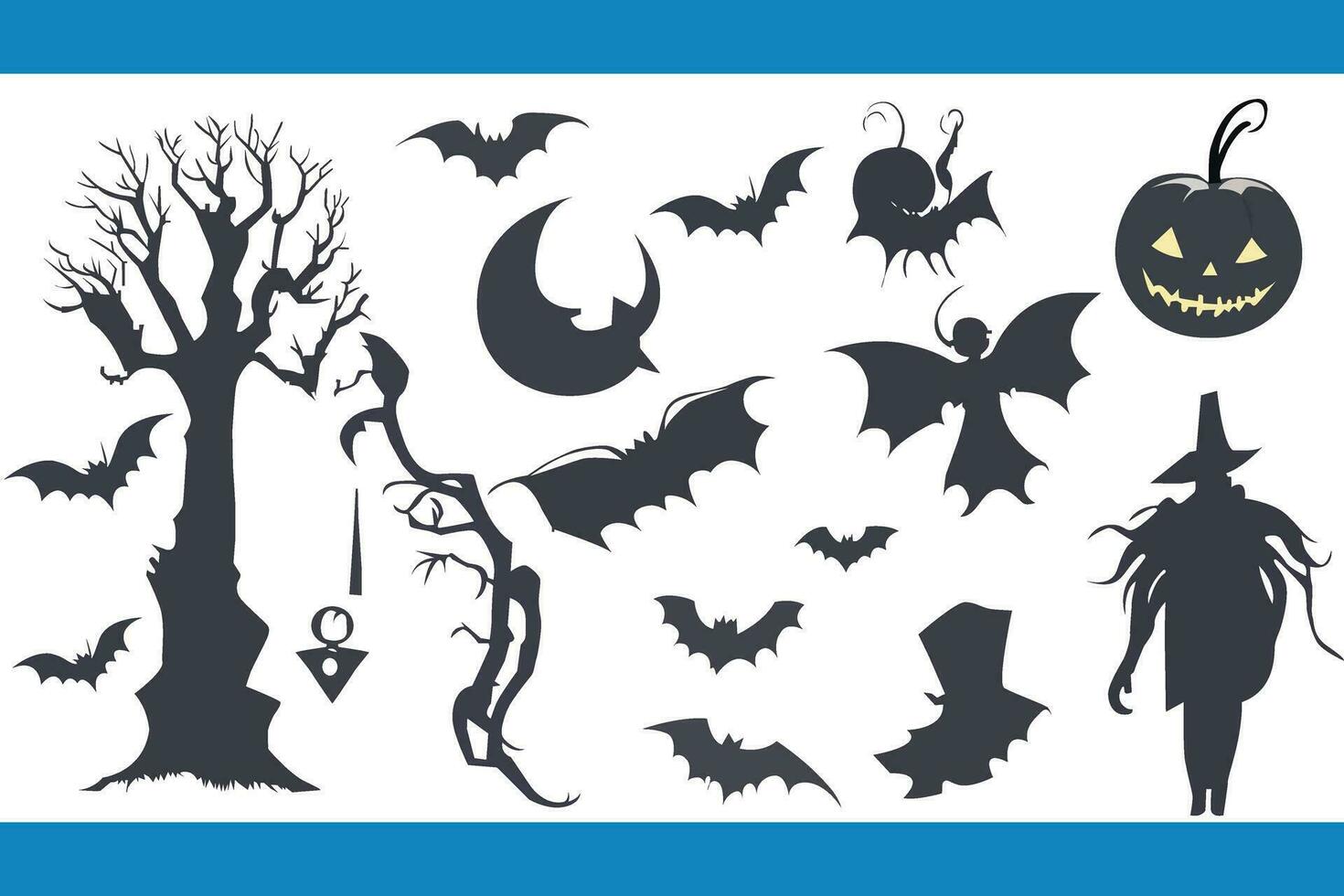 Vector witch, magic hat, carving face pumpkin lantern, ghost, mummy, tree, cat, broom, cauldron, and bat isolated on the white background. Laser cutting template