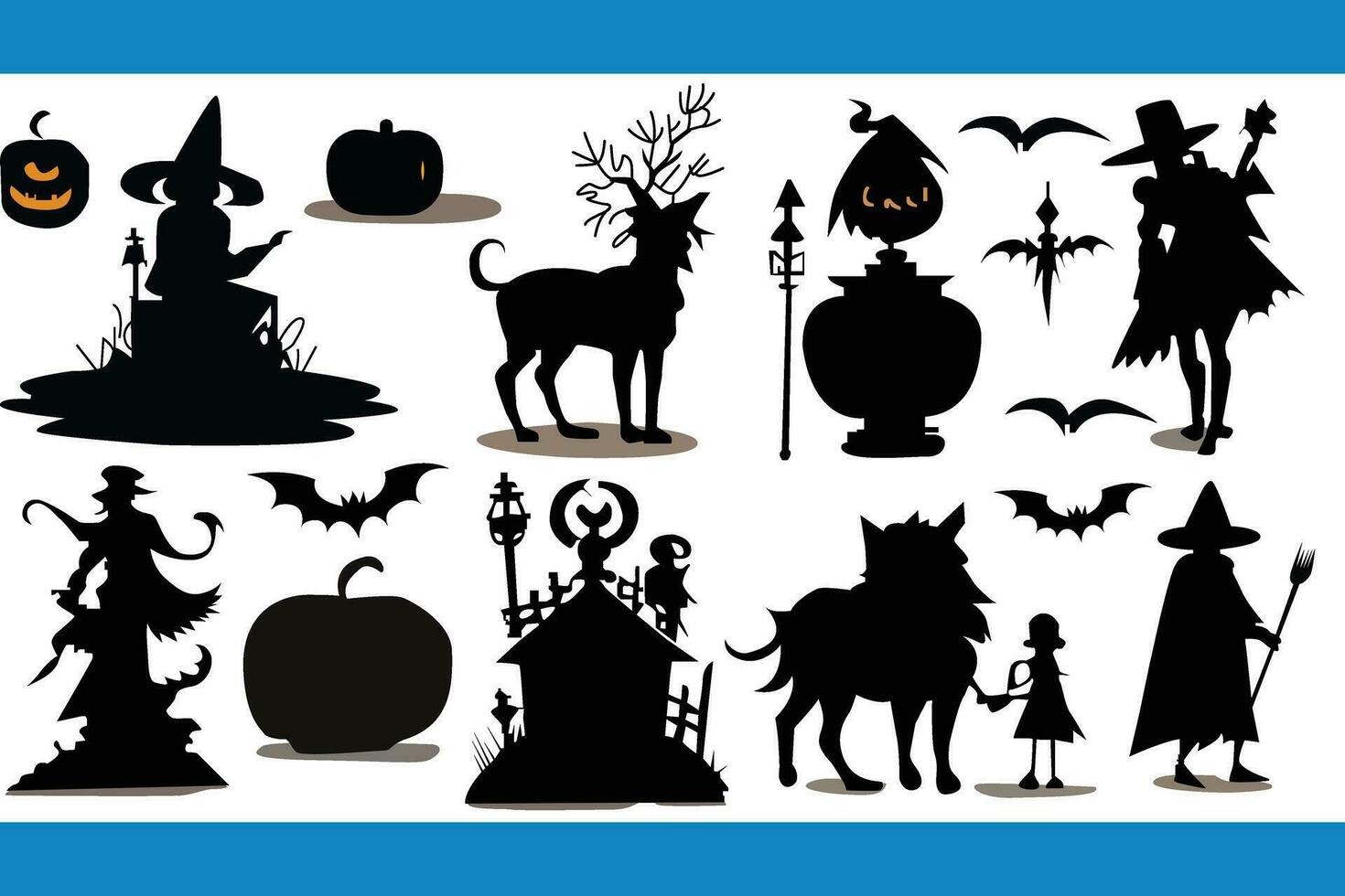 Halloween cartoon elements silhouette. Pumpkin head, witch, skull, grim reaper, haunted house, cat, ghost, moon, spider, poison, pot, broomstick, candy, scythe, web, bat, tombstone icons. vector