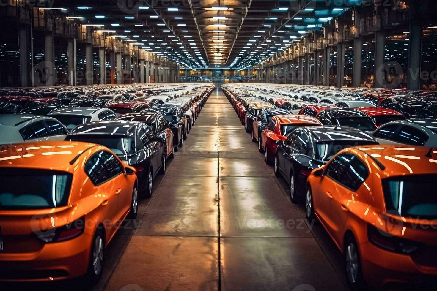 Multitude of Cars Stored in Warehouse Parking Lot of Auto Plant