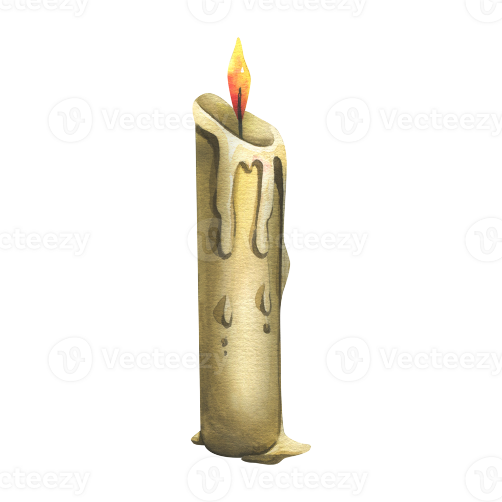 A simple candle with a burning flame, drops and smudges of wax. Hand drawn watercolor illustration for day of the dead, halloween, Dia de los muertos. Isolated object png