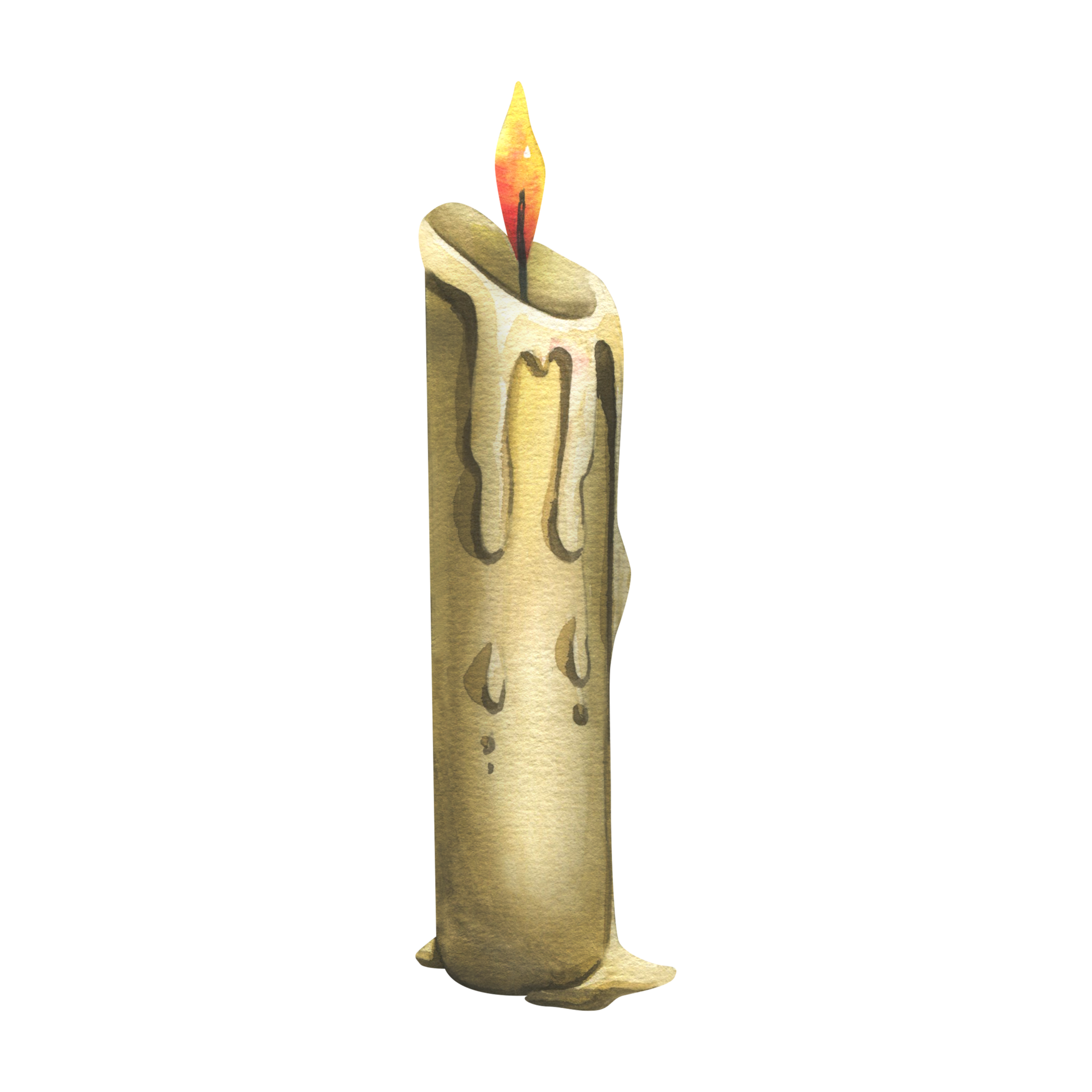 A simple candle with a burning flame, drops and smudges of wax. Hand
