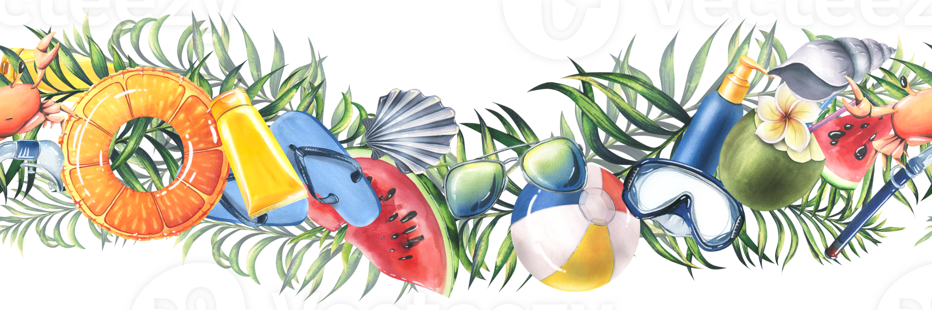 Beach, summer, tropical vacation with palm leaves, diving mask, fruits, inflatable toys. Watercolor illustration, hand drawn. Seamless border png