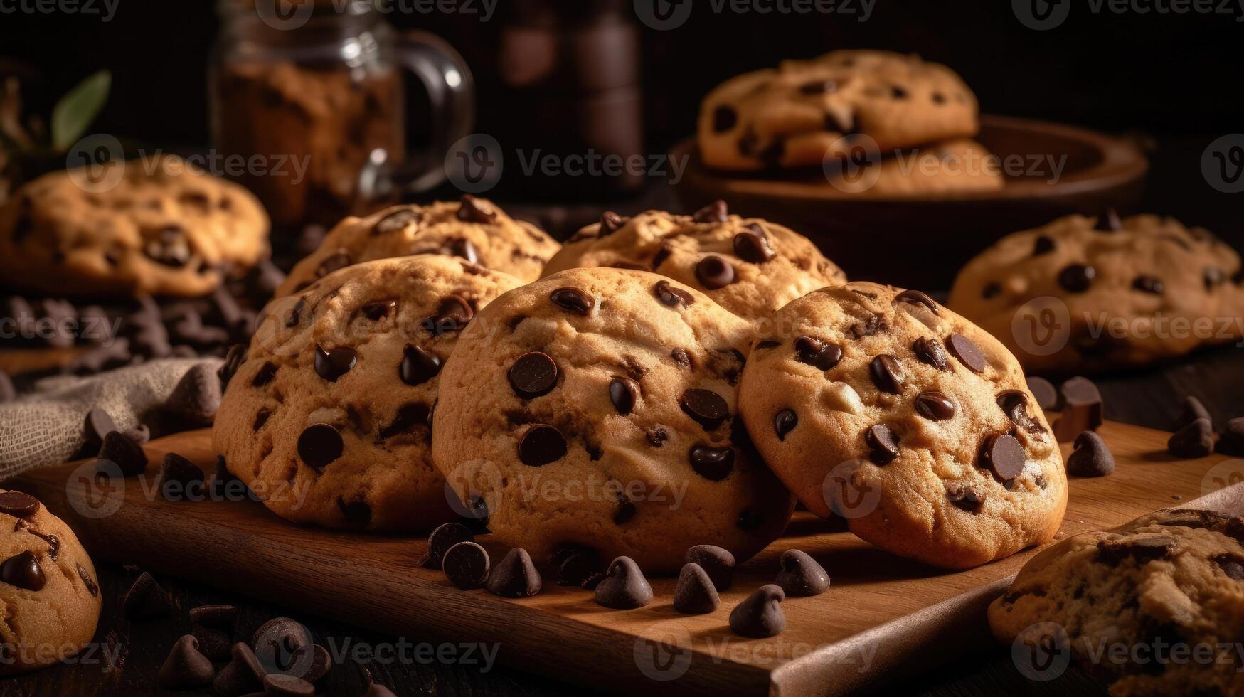 Chocolate cookies on wooden table AI Generative photo