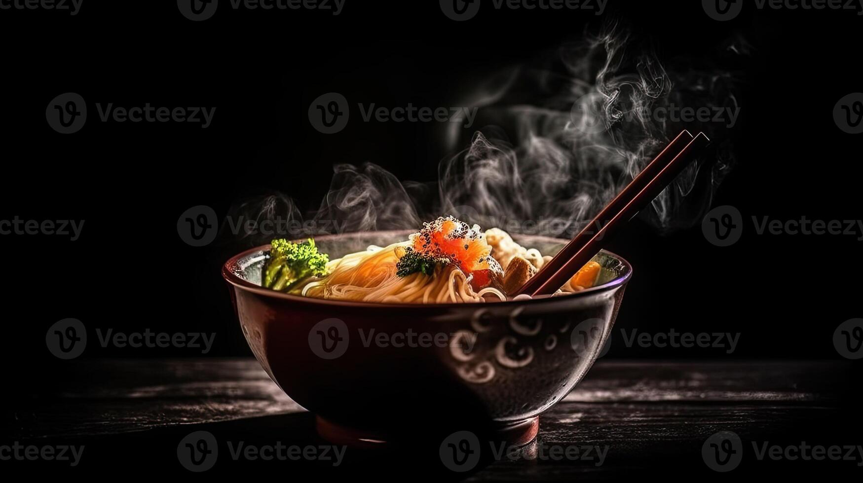Japanese ramen soup with chicken, egg, chives and sprout on dark background photo
