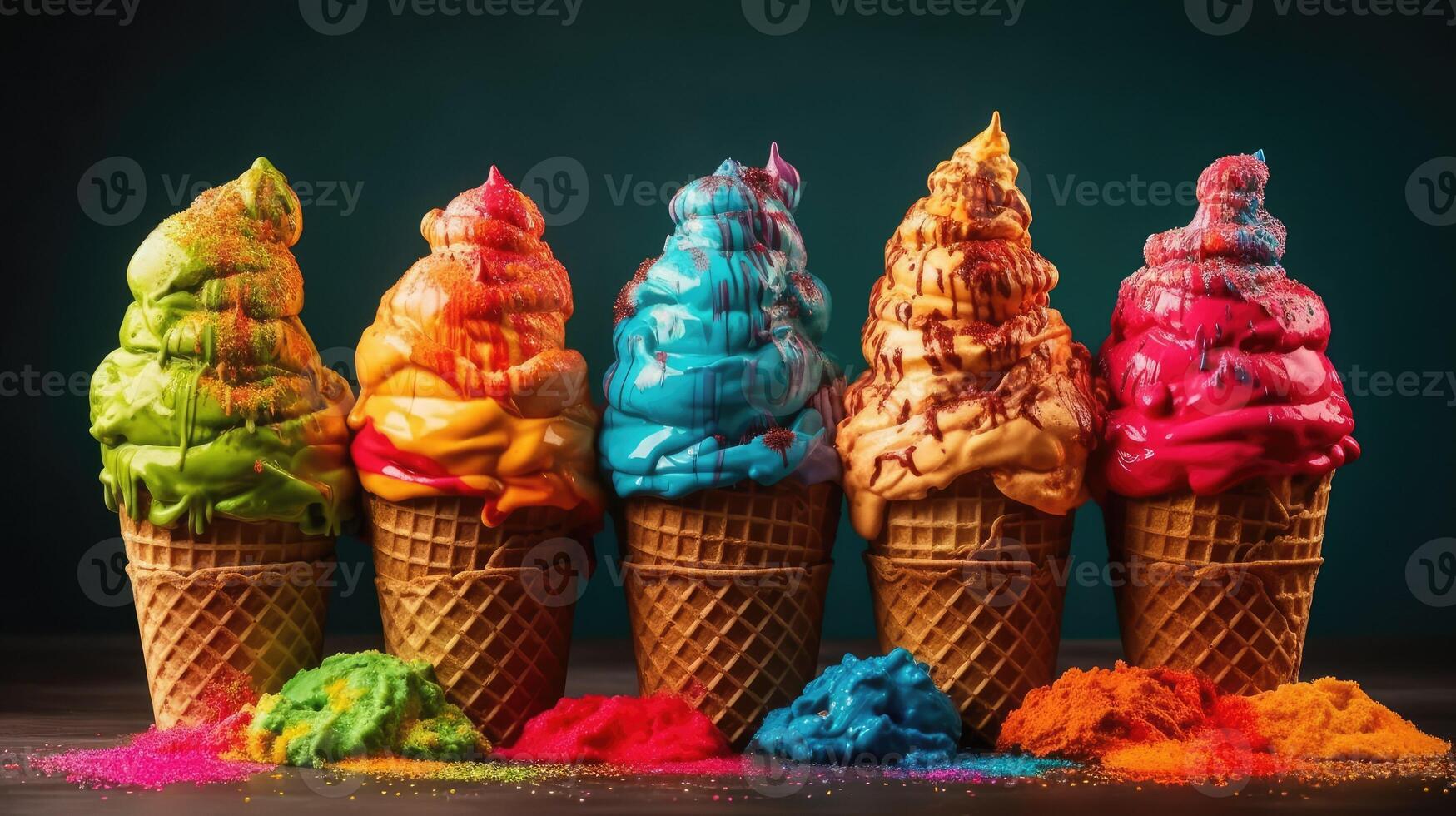 Colorful ice cream scoops in cones with chocolate, vanilla and strawberry photo