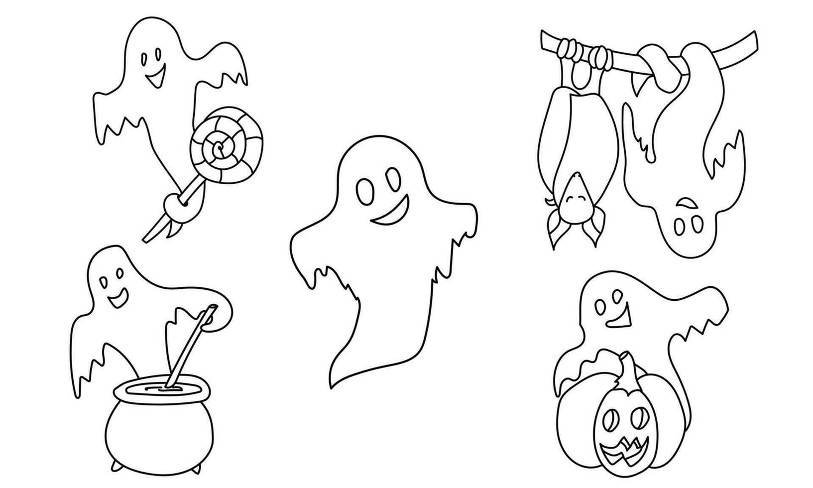 Set of outline cute ghosts in doodle style, Halloween coloring page for holiday activity vector