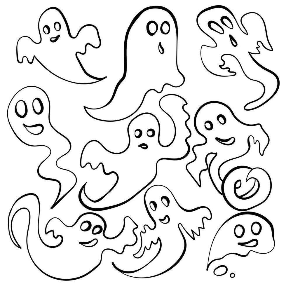 Set of outline doodle ghosts, spirits of various shapes for scary holiday vector