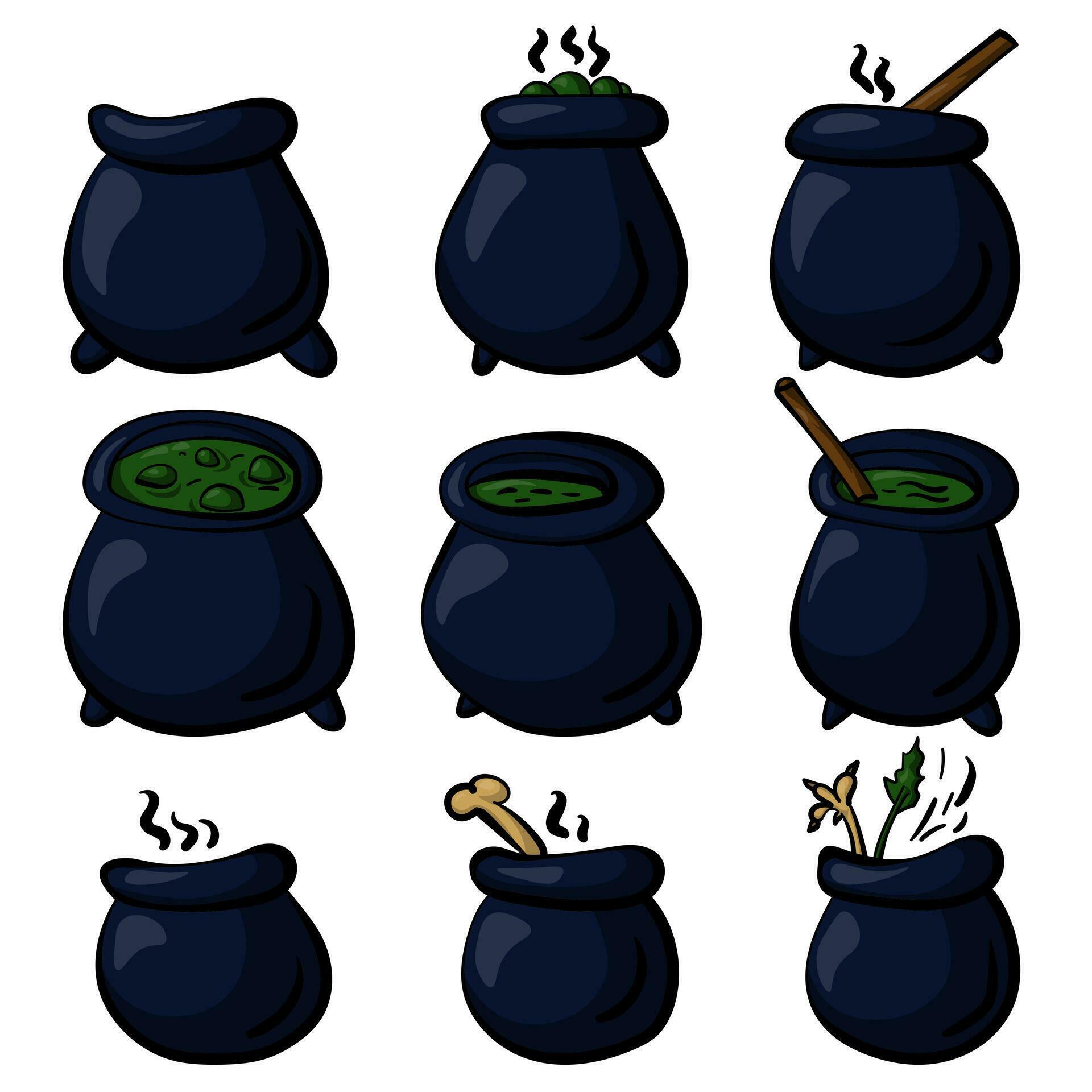 Set of witches cauldrons in cartoon style, magical pots for brewing potions 27938557 Vector Art