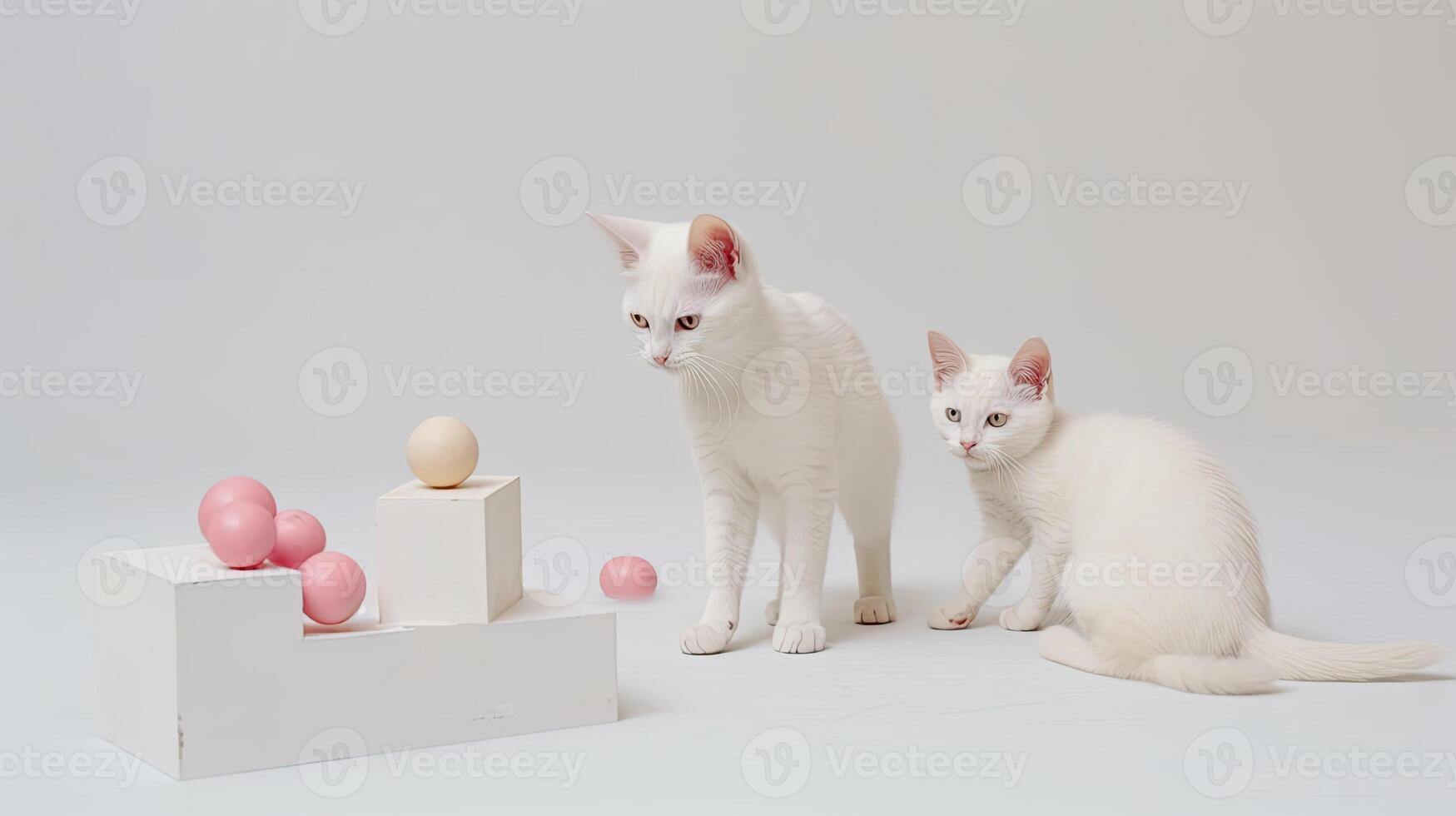White cat playing with toys in a white room photo