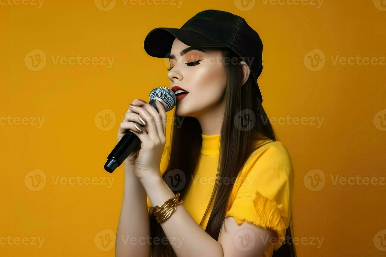 hembra cantante canto dentro un mic ai generativo foto